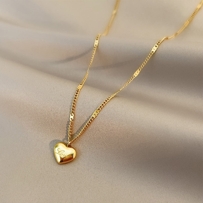 Necklace from steel, gold colour - doubled chain, pendant heart, writing  Love