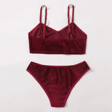 Load image into Gallery viewer, High Waist Wine Red Velvet Soft Trim Push Up Bra Panties Set
