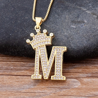 Zircon Crown Initial Alphabet Pendant Necklace