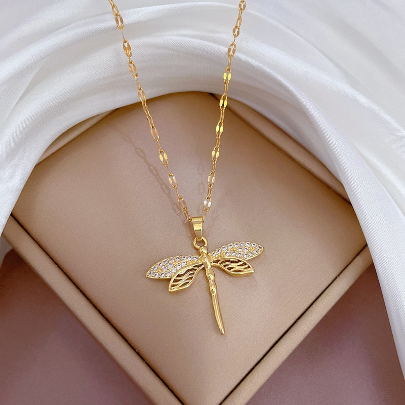 Stainless Steel Dragonfly Pendant Necklace