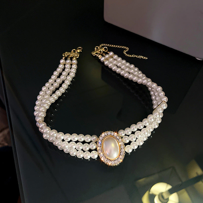 Elegant Three Layer Pearl Collar Necklace